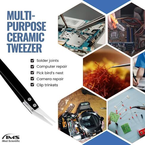 Ceramic Tweezers, Stainless Steel Pincers, Non-Conductive, High Temperature Resistant, Suitable for Precision Electrical Operation, Black, White Pointed Tips, Angled Forceps in Kuwait