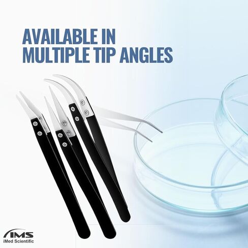 Ceramic Tweezers, Stainless Steel Pincers, Non-Conductive, High Temperature Resistant, Suitable for Precision Electrical Operation, Black, White Pointed Tips, Angled Forceps in Kuwait