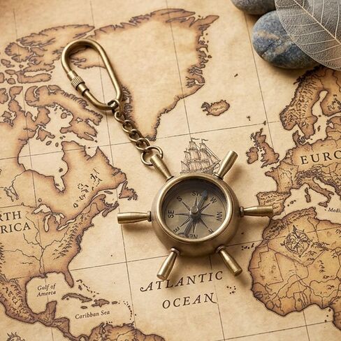 Vintage Antique Brass Compass Keychain | Directional Compass Key Ring | Compass for Kids Survival | Retro Metal Compass Keyring for Men & Women | Gift for Travelers & Adventurers in Kuwait