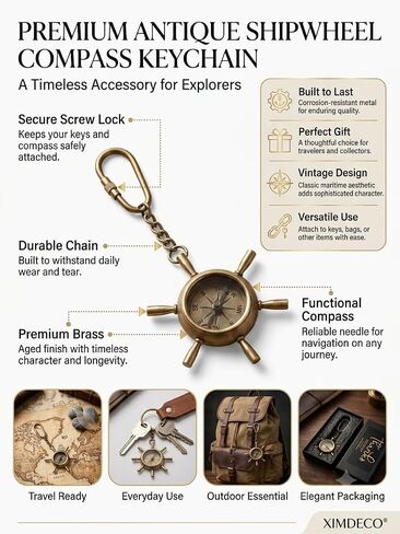 Vintage Antique Brass Compass Keychain | Directional Compass Key Ring | Compass for Kids Survival | Retro Metal Compass Keyring for Men & Women | Gift for Travelers & Adventurers in Kuwait