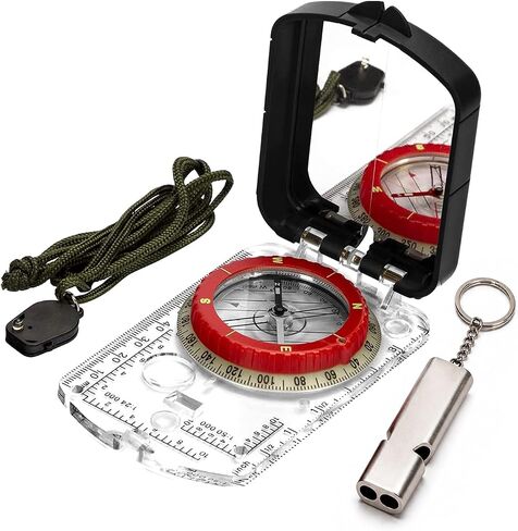 BIJIA Orienteering Compass with LED Light & Global Needle - Adjustable Declination, Sighting Mirror, Built-in Clinometer, Includes Emergency Survival Whistle for Hiking, Camping, Navigation in Kuwait