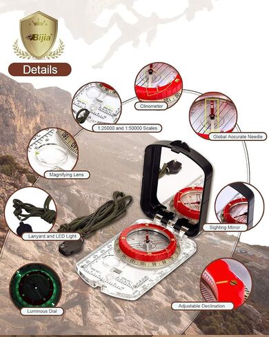 BIJIA Orienteering Compass with LED Light & Global Needle - Adjustable Declination, Sighting Mirror, Built-in Clinometer, Includes Emergency Survival Whistle for Hiking, Camping, Navigation in Kuwait