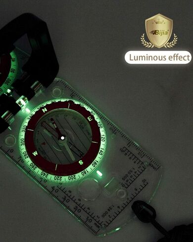 BIJIA Orienteering Compass with LED Light & Global Needle - Adjustable Declination, Sighting Mirror, Built-in Clinometer, Includes Emergency Survival Whistle for Hiking, Camping, Navigation in Kuwait