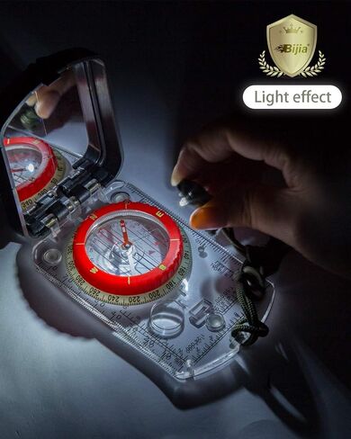BIJIA Orienteering Compass with LED Light & Global Needle - Adjustable Declination, Sighting Mirror, Built-in Clinometer, Includes Emergency Survival Whistle for Hiking, Camping, Navigation in Kuwait