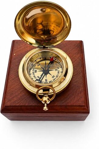 Handcrafted Brass Pocket Compass with Wooden Box – Antique Style Nautical Navigation Tool for Traveler, Hiking, Camping, Decorative Collection & Thoughtful Gifting in Kuwait