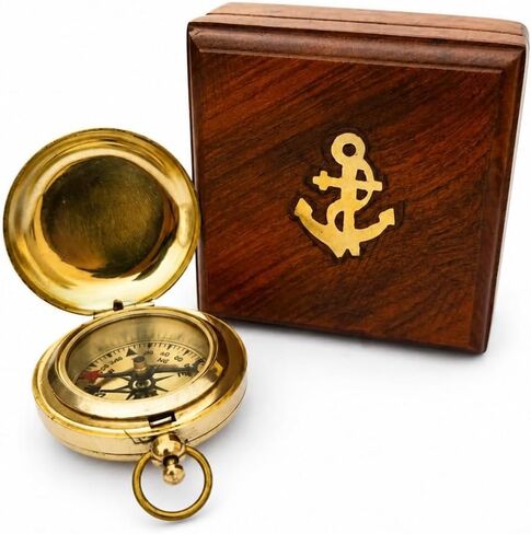 Handcrafted Brass Pocket Compass with Wooden Box – Antique Style Nautical Navigation Tool for Traveler, Hiking, Camping, Decorative Collection & Thoughtful Gifting in Kuwait