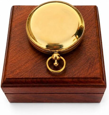 Handcrafted Brass Pocket Compass with Wooden Box – Antique Style Nautical Navigation Tool for Traveler, Hiking, Camping, Decorative Collection & Thoughtful Gifting in Kuwait