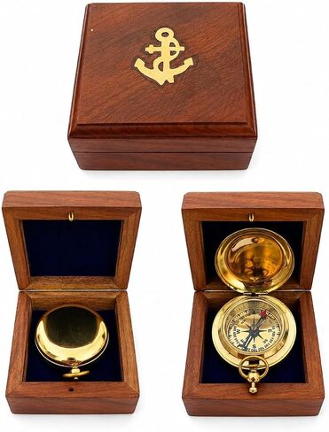 Handcrafted Brass Pocket Compass with Wooden Box – Antique Style Nautical Navigation Tool for Traveler, Hiking, Camping, Decorative Collection & Thoughtful Gifting in Kuwait