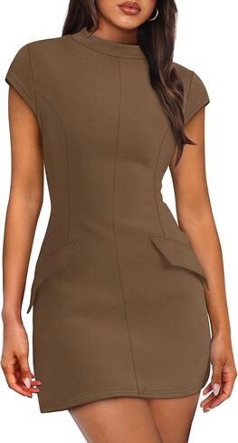 OFEEFAN Womens Summer Dress Mock Neck Short Sleeve Bodycon Party Club Mini Dresses in Saudi Arabia