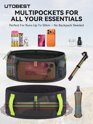UTOBEST Running Belt for Men & Women, Bounce-Free Running Waist Pack Fits All Phones, 4-Pocket No Zipper Trail Running Belt With 500ml Soft Flask, Pole Carry Straps for Race, Trail (B7 Pro-Grey, 2XS) in Kuwait