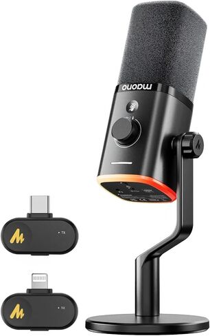 ميكروفون لاسلكي MAONO PD100W لهواتف iPhone، وهواتف Android، والكمبيوتر الشخصي، مع جهاز استقبال USB-C/Lightning، وإلغاء الضوضاء، وميكروفون سطح المكتب للتحكم RGB لتسجيل منشئ المحتوى، والبودكاست، وبث الألعاب، أسود in Kuwait