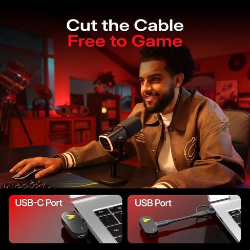 ميكروفون لاسلكي MAONO PD100W لهواتف iPhone، وهواتف Android، والكمبيوتر الشخصي، مع جهاز استقبال USB-C/Lightning، وإلغاء الضوضاء، وميكروفون سطح المكتب للتحكم RGB لتسجيل منشئ المحتوى، والبودكاست، وبث الألعاب، أسود in Kuwait