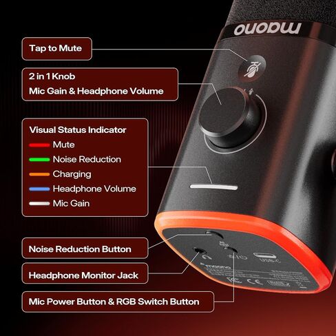 ميكروفون لاسلكي MAONO PD100W لهواتف iPhone، وهواتف Android، والكمبيوتر الشخصي، مع جهاز استقبال USB-C/Lightning، وإلغاء الضوضاء، وميكروفون سطح المكتب للتحكم RGB لتسجيل منشئ المحتوى، والبودكاست، وبث الألعاب، أسود in Kuwait