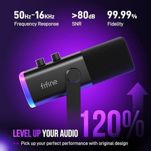FIFINE XLR/USB Gaming Microphone with Desktop Mic Stand Kit, Streaming Dynamic Microphone with RGB, Gain Knob, Headphone Jack, Adjustable Table Mic Stand for Recording, Podcast, Voice-Over-AM8+BS1 in Kuwait