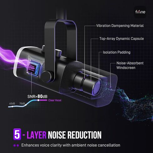 FIFINE XLR/USB Gaming Microphone with Desktop Mic Stand Kit, Streaming Dynamic Microphone with RGB, Gain Knob, Headphone Jack, Adjustable Table Mic Stand for Recording, Podcast, Voice-Over-AM8+BS1 in Kuwait