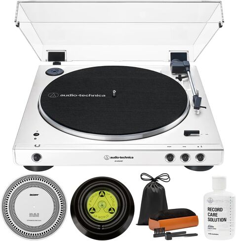 Audio-Technica AT-LP60XBT-WW Fully Automatic Wireless Belt-Drive Turntable with Bluetooth Bundle with Record Care Solution, Deco Gear Cleaning Kit, Stroboscope and Record Stabilizer in Saudi Arabia