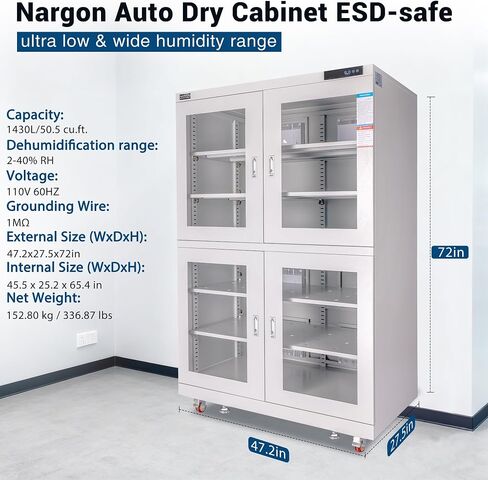 NARGON 2-40% RH 1430L الخزانة الجافة الإلكترونية، خزانة المجفف ESD لتخزين العدسات البصرية، تجميعات РСВ، الرقاقة، المكونات الإلكترونية، أشباه الموصلات، المواد الكيميائية المخبرية، الموديل NMC1434B in Kuwait