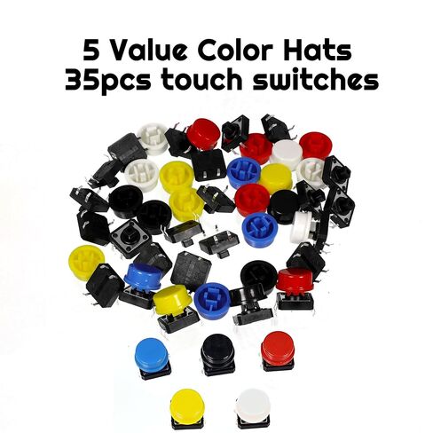 70 Pieces 12x12x7.3mm Tact Tactile Button switches, 4-pin instantaneous PCB Micro switches with caps, Suitable for Arduino, AE1027 5-Color Circular Cap Combination kit for DIY in Kuwait