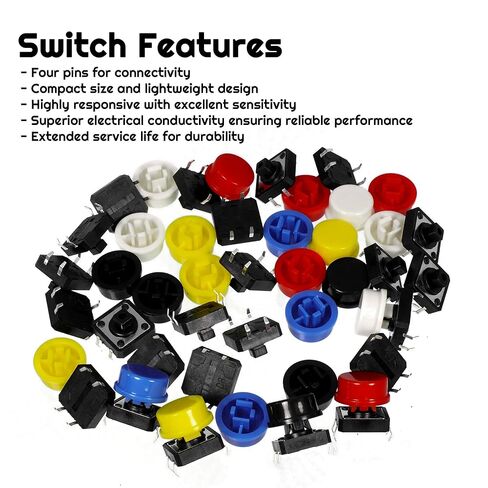 70 Pieces 12x12x7.3mm Tact Tactile Button switches, 4-pin instantaneous PCB Micro switches with caps, Suitable for Arduino, AE1027 5-Color Circular Cap Combination kit for DIY in Kuwait