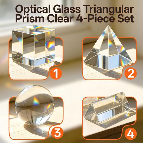 4 Pack K9 Optical Crystal Prism Set –50mm Crystal Ball, Cube, Triangular Prism, Pyramid for Photography Teaching Entertainment in Kuwait