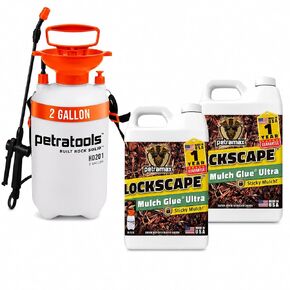 حزمة PetraMax Mulch Glue Landscaping Bundle - فائقة التركيز 64 أونصة (عبوتان) + بخاخ مضخة Petratools HD201 بسعة 2 جالون، ومثبت المهاد للنباح وقش الصنوبر ورقائق الخشب وأسرة الحديقة in Kuwait