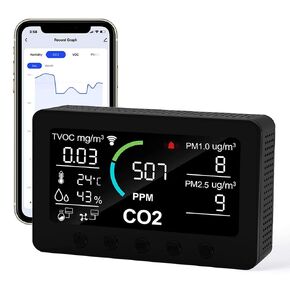 12 in 1 Air Quality Monitor Indoor, with WiFi and APP,Air Quality Tester for Home,Air Quality Meters for CO2,TVOC,PM1.0,PM2.5,AQI,Temperature and Humidity,Detector for Home,Office (Black) in Kuwait