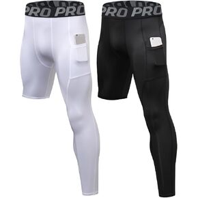Sanke 2 Pack One Leg Compression Tights Men for Basketball with Pocket Long Pants Running Leggings Athletic Baselayer in Kuwait
