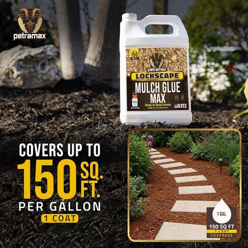 غراء PetraMax Lockscape Mulch للمناظر الطبيعية، (صنع في الولايات المتحدة الأمريكية) - لاصق مناظر طبيعية آمن للحيوانات الأليفة لقش الصنوبر ورقائق الخشب - جاهز لرش مرساة المهاد ورذاذ غراء المناظر الطبيعية للمروج والباحات (2 جالون) in Kuwait