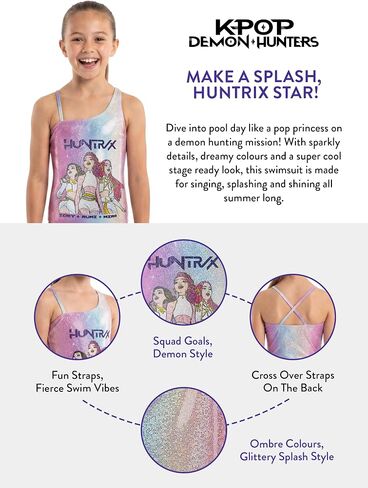KPop Demon Hunters Swimsuit, Huntrix Girls Swimsuit with Zoey, Rumi and Mira, One Piece Kids Swimwear for Summer in Kuwait