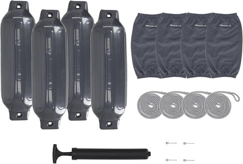 حزمة Rockville Boat Fender مقاس 8.5 بوصة × 27 بوصة مصدات للقوارب البحرية مع أغطية حاجز وخطوط قفص الاتهام ومضخة لرسو السفن وحماية القارب in Kuwait