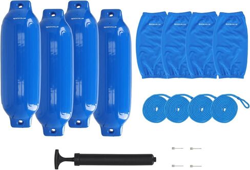 حزمة Rockville Boat Fender مقاس 8.5 بوصة × 27 بوصة مصدات للقوارب البحرية مع أغطية حاجز وخطوط قفص الاتهام ومضخة لرسو السفن وحماية القارب in Kuwait