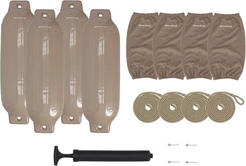 حزمة Rockville Boat Fender مقاس 8.5 بوصة × 27 بوصة مصدات للقوارب البحرية مع أغطية حاجز وخطوط قفص الاتهام ومضخة لرسو السفن وحماية القارب in Kuwait