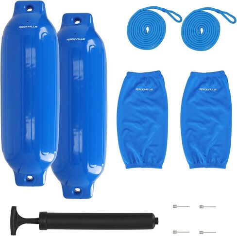 حزمة Rockville Boat Fender مقاس 8.5 بوصة × 27 بوصة مصدات للقوارب البحرية مع أغطية حاجز وخطوط قفص الاتهام ومضخة لرسو السفن وحماية القارب in Kuwait
