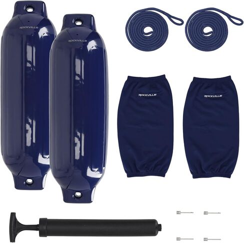 حزمة Rockville Boat Fender مقاس 8.5 بوصة × 27 بوصة مصدات للقوارب البحرية مع أغطية حاجز وخطوط قفص الاتهام ومضخة لرسو السفن وحماية القارب in Kuwait