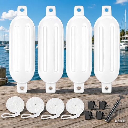 White Boat Fenders for Docking 5.5."/6.5"/8.5" Inflatable Ribbed Marine Boat Fender with Fender Lines 6.5ft, Stainless Steel Fender Hanger Clips in Kuwait
