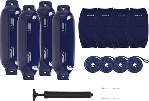 حزمة Rockville Boat Fender مقاس 8.5 بوصة × 27 بوصة مصدات للقوارب البحرية مع أغطية حاجز وخطوط قفص الاتهام ومضخة لرسو السفن وحماية القارب in Kuwait