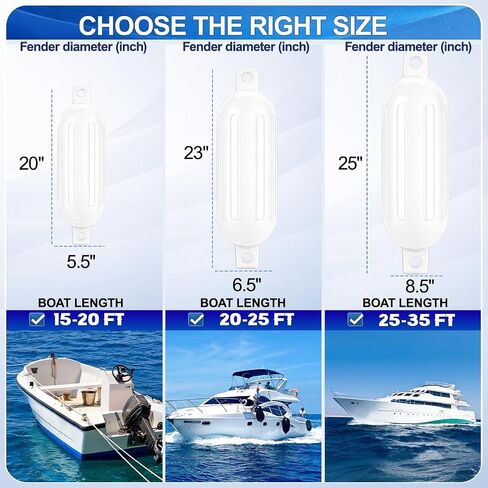 White Boat Fenders for Docking 5.5."/6.5"/8.5" Inflatable Ribbed Marine Boat Fender with Fender Lines 6.5ft, Stainless Steel Fender Hanger Clips in Kuwait