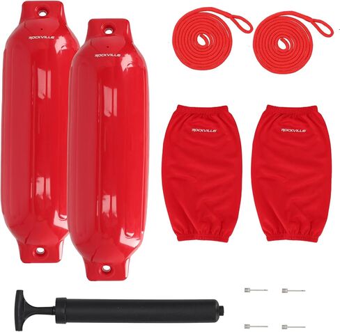 حزمة Rockville Boat Fender مقاس 8.5 بوصة × 27 بوصة مصدات للقوارب البحرية مع أغطية حاجز وخطوط قفص الاتهام ومضخة لرسو السفن وحماية القارب in Kuwait