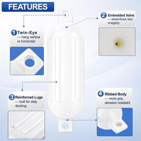 White Boat Fenders for Docking 5.5."/6.5"/8.5" Inflatable Ribbed Marine Boat Fender with Fender Lines 6.5ft, Stainless Steel Fender Hanger Clips in Kuwait