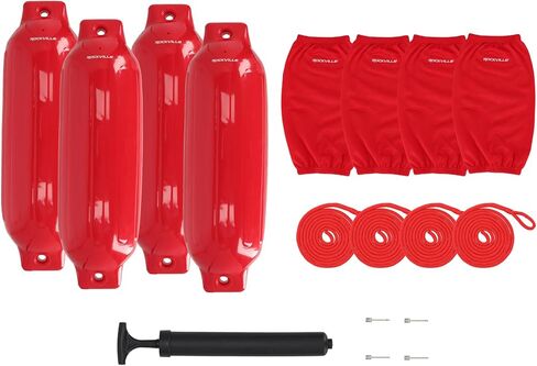 حزمة Rockville Boat Fender مقاس 8.5 بوصة × 27 بوصة مصدات للقوارب البحرية مع أغطية حاجز وخطوط قفص الاتهام ومضخة لرسو السفن وحماية القارب in Kuwait