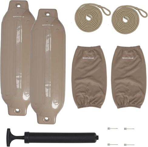 حزمة Rockville Boat Fender مقاس 8.5 بوصة × 27 بوصة مصدات للقوارب البحرية مع أغطية حاجز وخطوط قفص الاتهام ومضخة لرسو السفن وحماية القارب in Kuwait