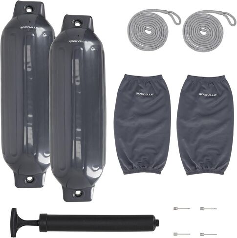 حزمة Rockville Boat Fender مقاس 8.5 بوصة × 27 بوصة مصدات للقوارب البحرية مع أغطية حاجز وخطوط قفص الاتهام ومضخة لرسو السفن وحماية القارب in Kuwait