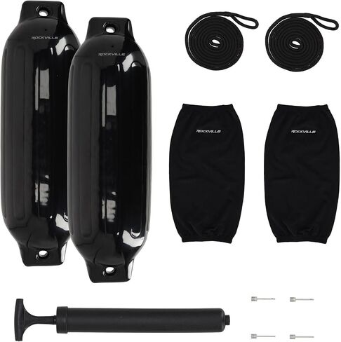 حزمة Rockville Boat Fender مقاس 8.5 بوصة × 27 بوصة مصدات للقوارب البحرية مع أغطية حاجز وخطوط قفص الاتهام ومضخة لرسو السفن وحماية القارب in Kuwait