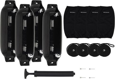 حزمة Rockville Boat Fender مقاس 8.5 بوصة × 27 بوصة مصدات للقوارب البحرية مع أغطية حاجز وخطوط قفص الاتهام ومضخة لرسو السفن وحماية القارب in Kuwait