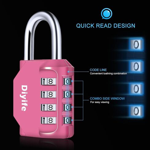 4 Digit Combination Padlock, Diyife Weatherproof School Gym Locker Lock, Plated Steel Resettable Number Lock for Sports Locker, Toolbox, Fence, Hasp, Cabinet, Pink in Saudi Arabia