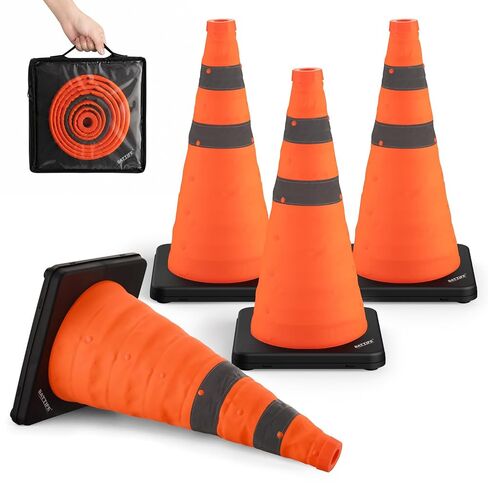 BATTIFE Collapsible Traffic Cones, Reflective Safety Cones with Black Base for Construction, Parking Lots, Sports Training, Roadside Emergency and Traffic Control (4 Pack, Orange, 28 Inch) in Kuwait