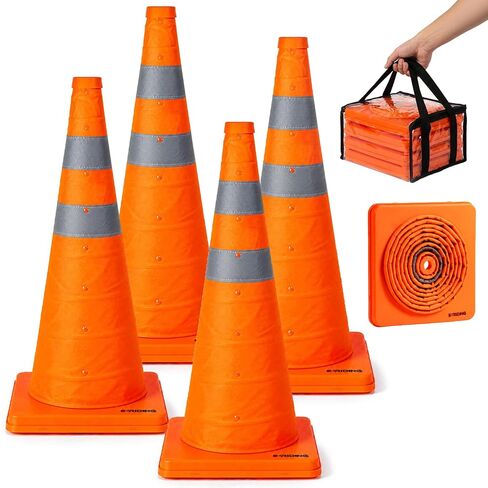 E-riding 28 Inch 4 Pack Collapsible Traffic Cones, Pop-up Orange Cones with 2 Reflective Collars, Multi-Purpose Protable Safety Cones for Parking Lot, Driving Training in Kuwait
