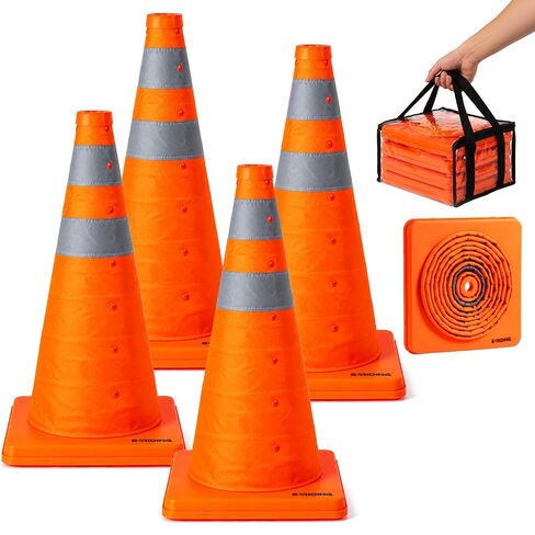 E-riding 28 Inch 4 Pack Collapsible Traffic Cones, Pop-up Orange Cones with 2 Reflective Collars, Multi-Purpose Protable Safety Cones for Parking Lot, Driving Training in Kuwait