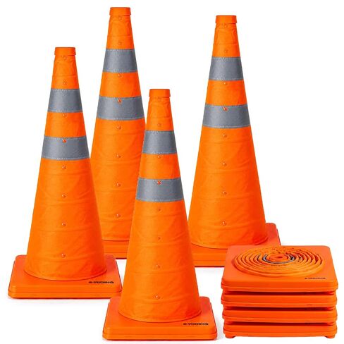 E-riding 28 Inch 4 Pack Collapsible Traffic Cones, Pop-up Orange Cones with 2 Reflective Collars, Multi-Purpose Protable Safety Cones for Parking Lot, Driving Training in Kuwait