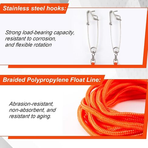 Boao Spearfishing Float Line 1/4" Foam‑Filled Braided Polypropylene Float Spearfishing Rope Tow Line with 5.9" Stainless Clips,Orange in Kuwait